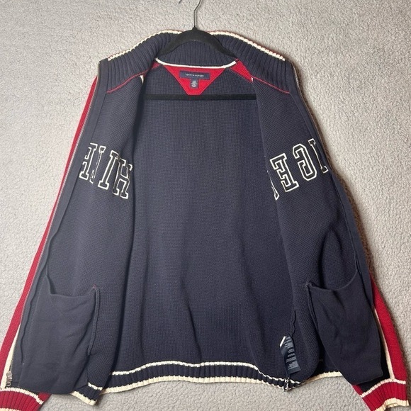 Tommy Hilfiger Sweater Mens‎ Large Blue Red Embroidered Spell Out Full Zip VTG - Picture 4 of 13